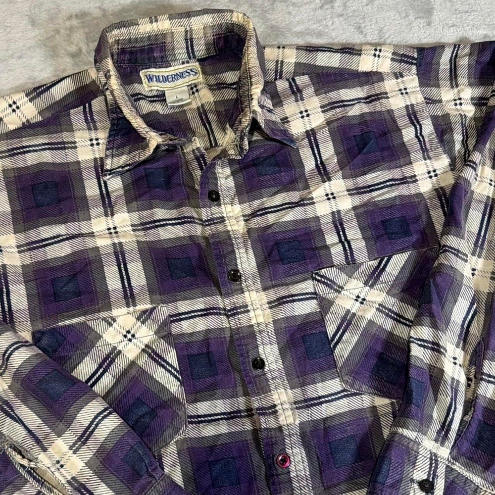 90s Vintage Wilderness Plaid Flannel Geometric Shirt | Purple | Large